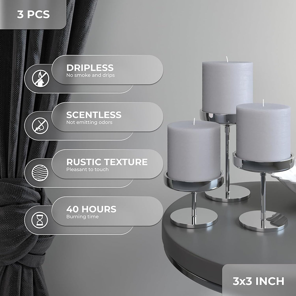 3X3 Pillar Candles Set of 3 - Rustic Unscented No Drip Light Gray Candles for Home Decor, Weddings, Centerpieces - Dis & Dat Shop