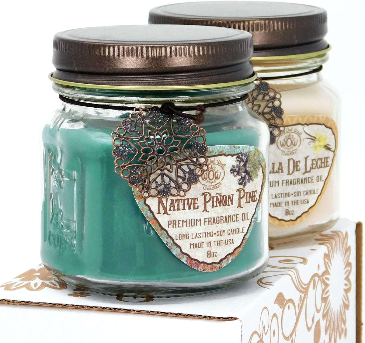 Way Out West Scented Candles in Piñon Pine & Vanilla De Leche - Gift Ready, Boxed Set of 2 Jar Candles - Fragrant, Long Lasting Soy Wax Blend - Delightful Soothing Fragrances for a Warm, Cozy Home - Dis & Dat Shop