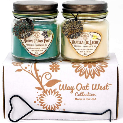 Way Out West Scented Candles in Piñon Pine & Vanilla De Leche - Gift Ready, Boxed Set of 2 Jar Candles - Fragrant, Long Lasting Soy Wax Blend - Delightful Soothing Fragrances for a Warm, Cozy Home - Dis & Dat Shop