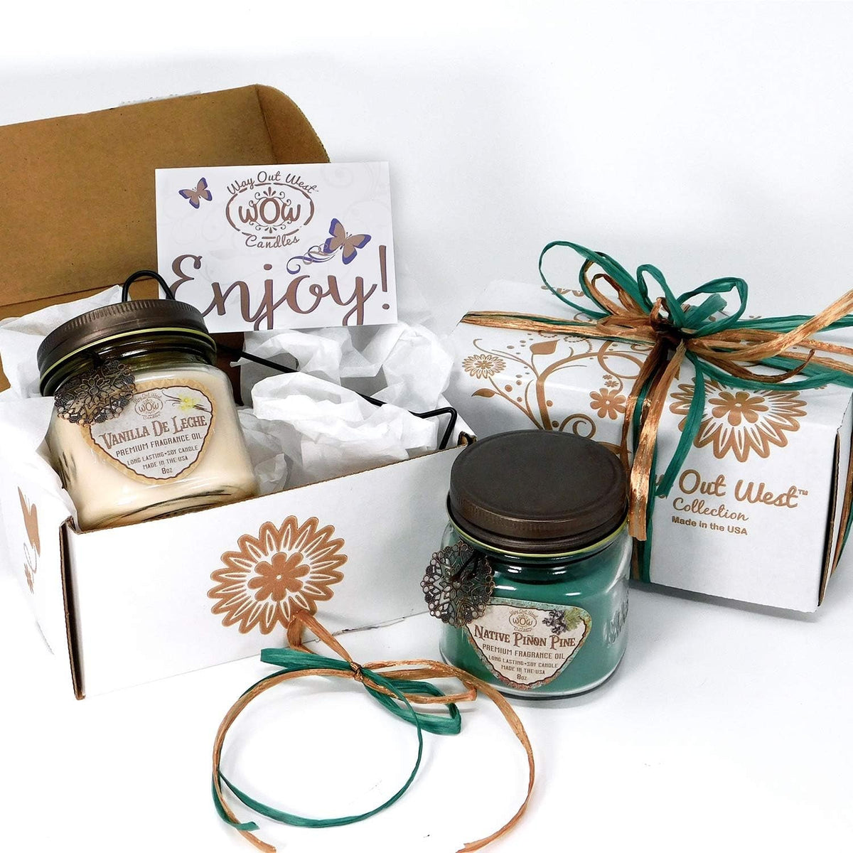 Way Out West Scented Candles in Piñon Pine & Vanilla De Leche - Gift Ready, Boxed Set of 2 Jar Candles - Fragrant, Long Lasting Soy Wax Blend - Delightful Soothing Fragrances for a Warm, Cozy Home - Dis & Dat Shop
